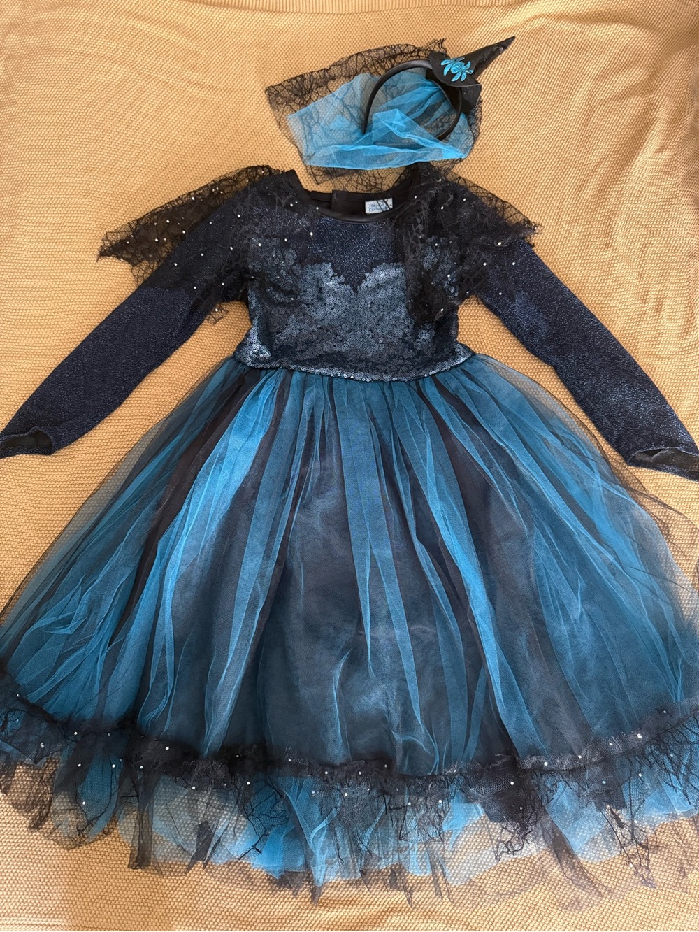 Girls Blue and Black Sparkle Tulle Spider Witch Costume Dress with Headband